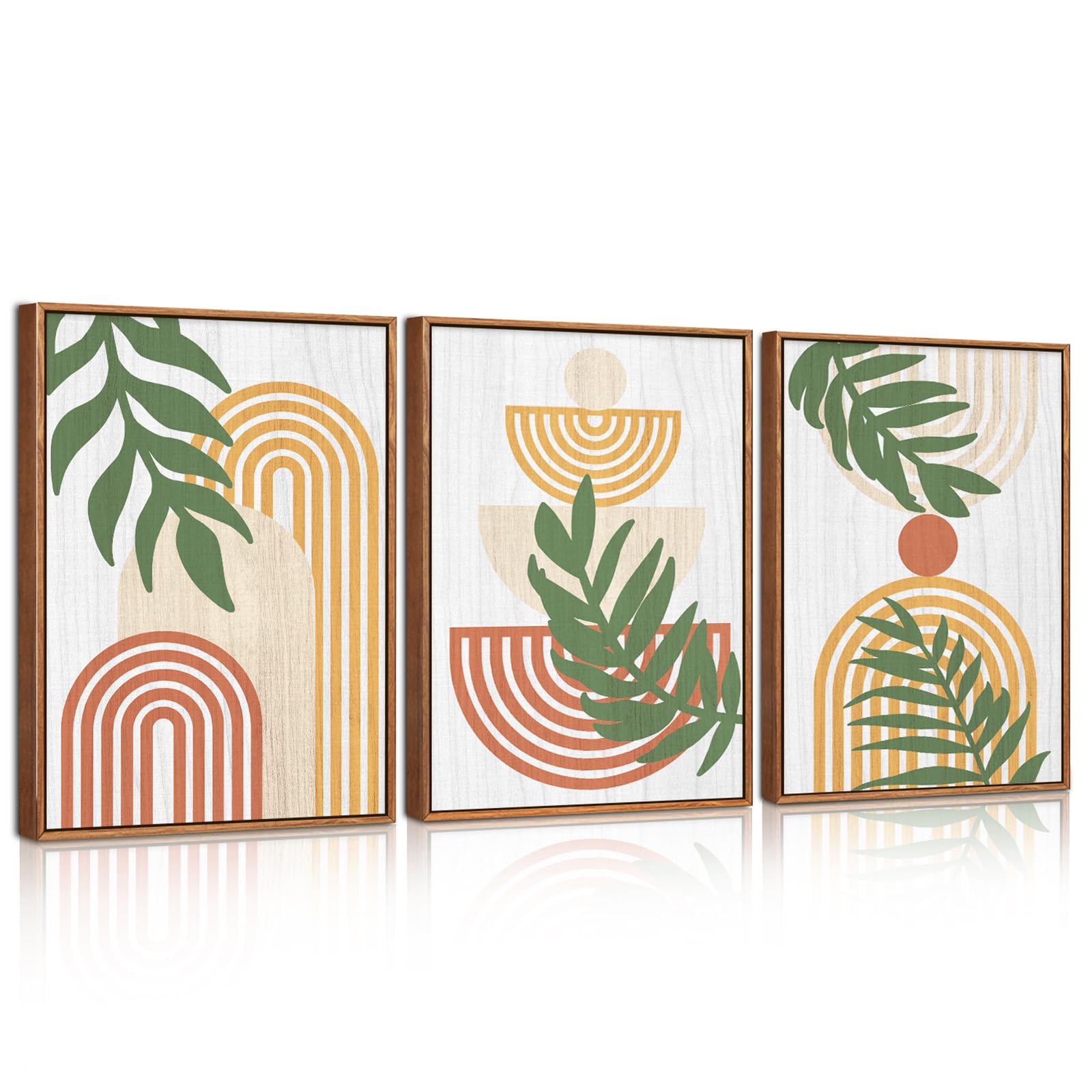 CHDITB 3PCS Green Sage Boho Poster Set,Botanical Framed Wooden Wall Decor,3D Boho Abstract Geometric Line Wall Art,Mid Century Nature Plants Decoration for Living Room Bedroom Office (30x40cm)