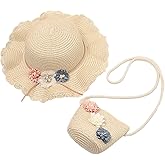 Anopo Girls Straw Hat Purse Bag Set Lace Brim Flowers Pearl Summer Beach Sun Hat Princess Shoulder Crossbody Bag Chin Strap