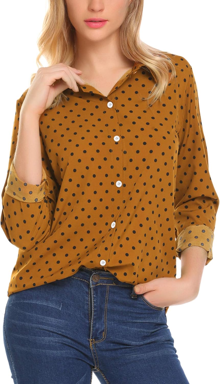Zeagoo Women's Button Down Shirt Long Sleeve Collared Tops Chiffon Blouse for Women: Clothing