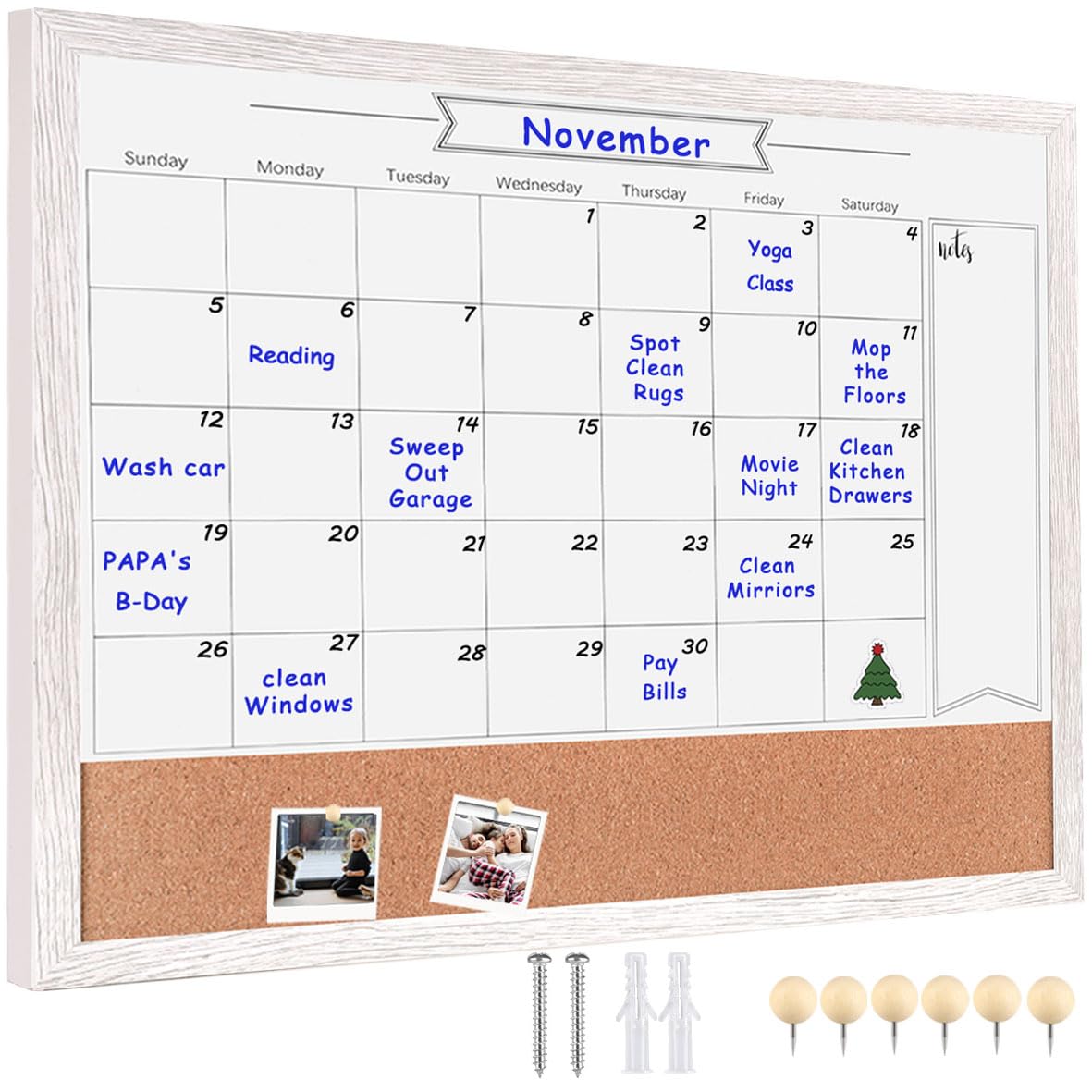 Umtiti Monthly Calendar Dry Erase White Board & Cork Bulletin Board，18" x 22" Brown Wood Frame，Magnetic Surface Whiteboard.Perfect for Organizing Your Space,.Whiteboard+Cork-4555A-WH
