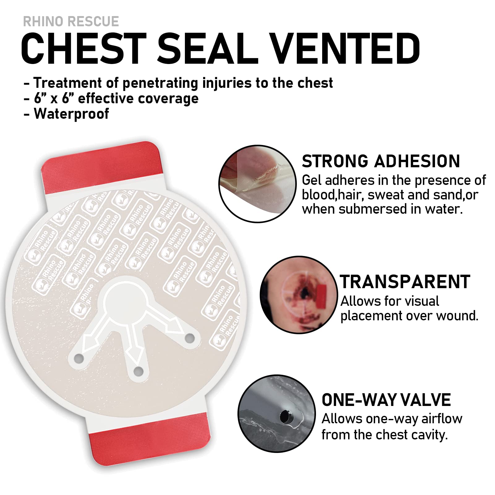 RHINO RESCUE Vent Chest Seal, Emergency Trauma Dressing, First Aid Kit Sterile, Wound Care IFAK Supplies, FSA HSA Eligible, 2 Count