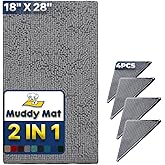 Muddy Mat® Absorbent Microfiber Door Mat Grey 18" x 28" (pack of 1) with Heavy Duty Non-Slip Rug Corner Pad (Pack of 4) - Double-Sided Adhesive Pad for Corners - Ultimate Floor Protection Combo