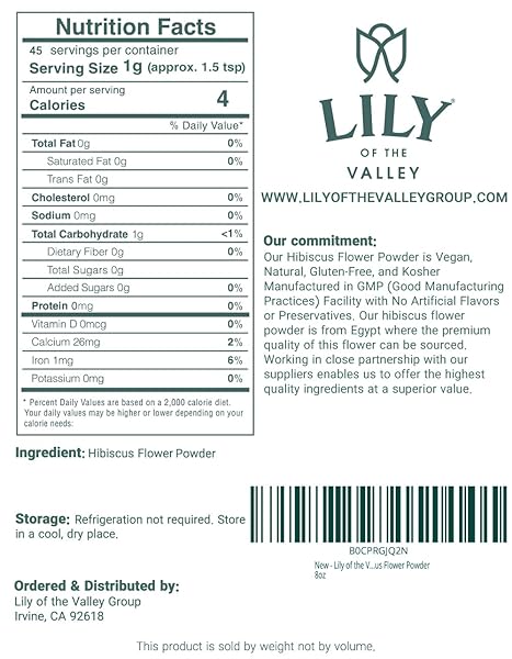 LILY OF THE VALLEY HIBISCUS FLOWER POWDER – GROUND HIBISCUS SABDARIFFA – IDEAL FOR COOKING, BAKING, TEA, SMOOTHIE – VEGAN & GLUTEN-FREE – RESEALABLE POUCH (16OZ, 453G)- PACKAGE MAY VARY