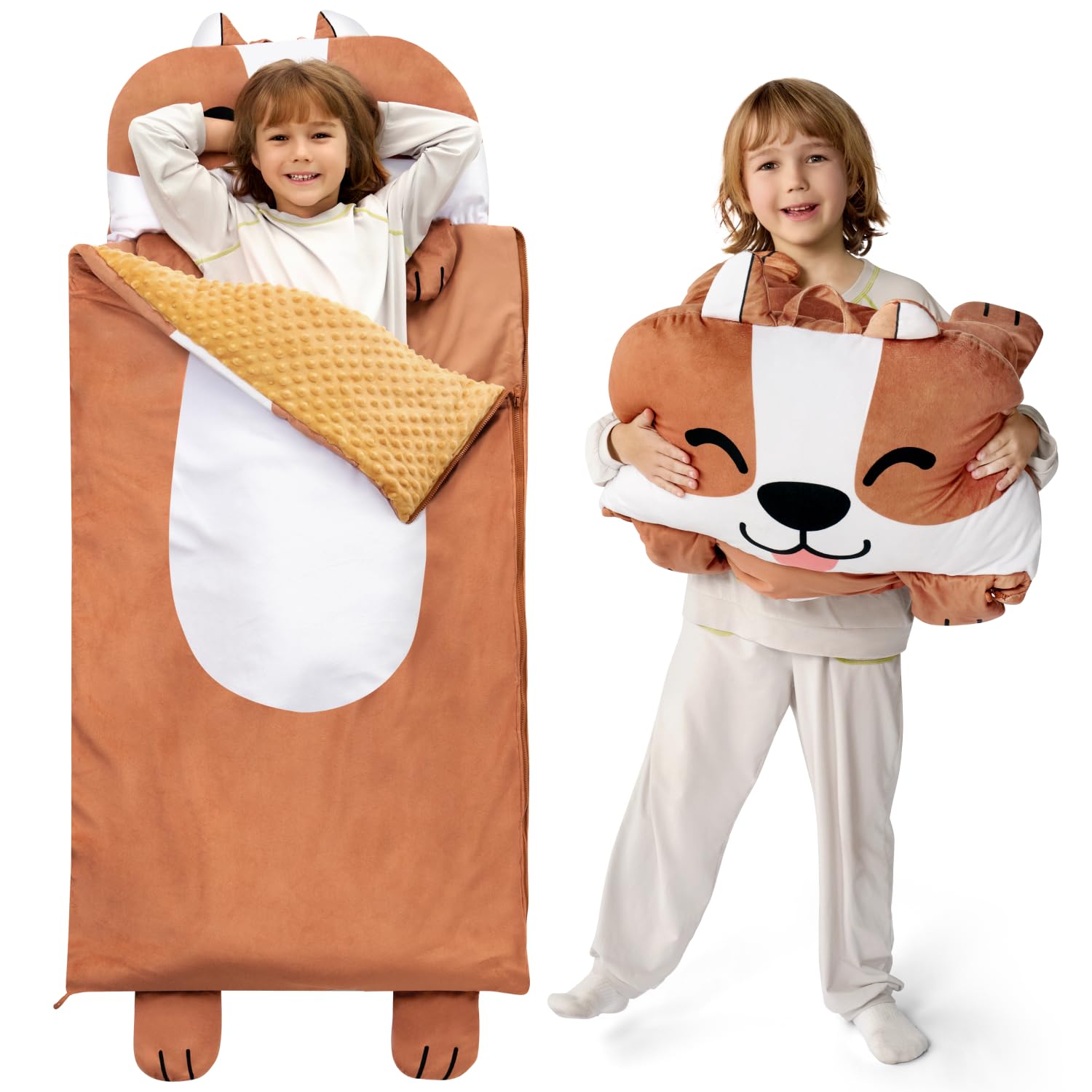 JOIEDOMI Dog Toddler Nap Mat with Pillow & Blanket - 60" x 39" for Kids Ages 3+ - Nap Mat for Preschool - Kids Sleeping Bag Brown Dog - Soft Plush Sleeping Mat - for Boys Girls Kindergarten Daycare