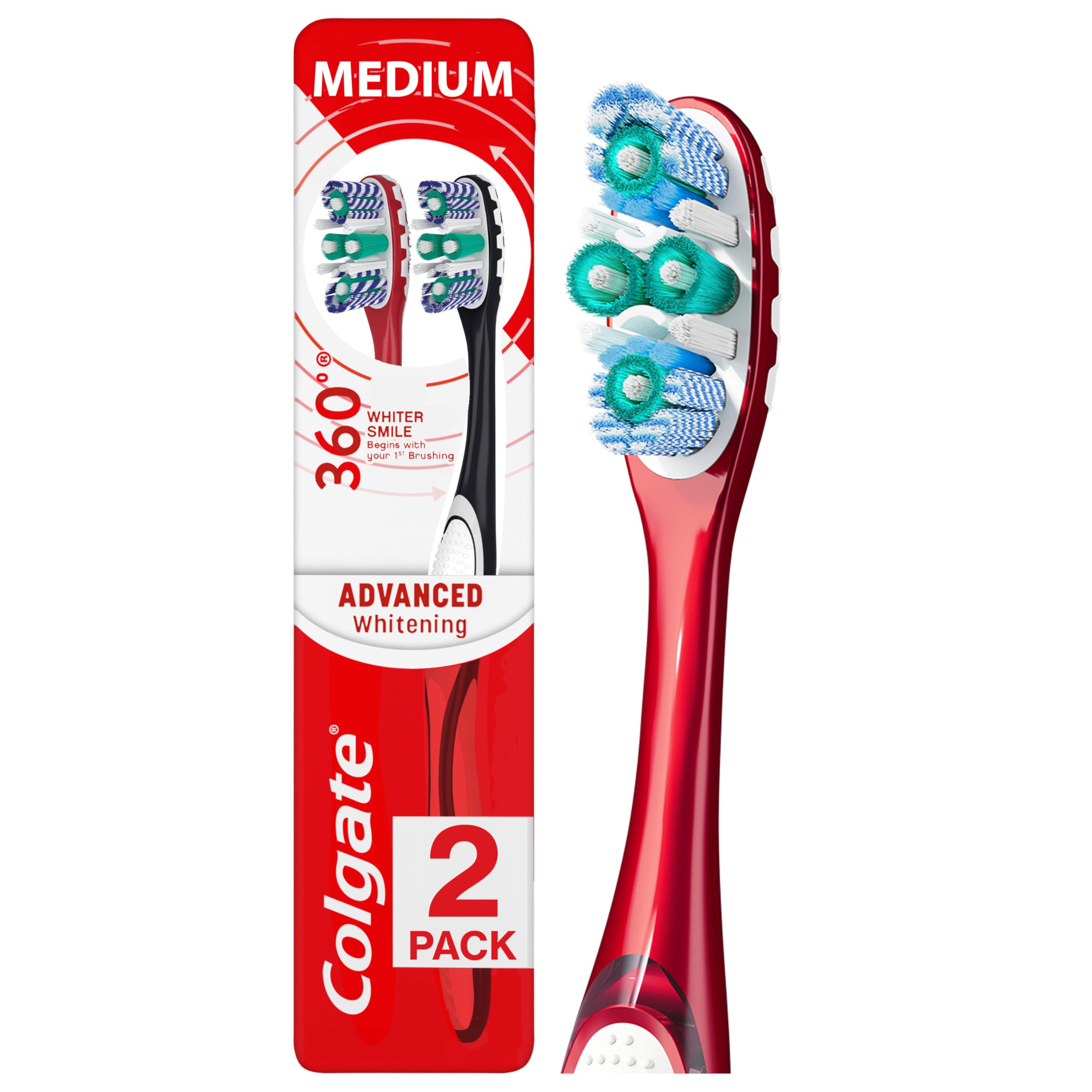 Colgate 360 Optic White Advanced Whitening Toothbrush, Adult Medium Toothbrush with Whitening Cups, Helps Whiten Teeth and Removes Odor Causing Bacteria, 2 Pack