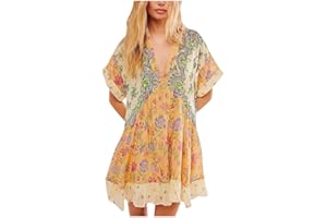 LIKEOULI Boho Dresses for Women 2024 Summer Boho Printing Short Sleeve V-Neck Patchwork Dress Fashion Y2k Outfits for Women
