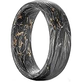 NUNCAD Men's Rings 8mm Black Pure Carbon Fiber Engagement Wedding Band Gold Leaf Inlay Domed Comfort Fit Size 7-12