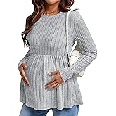 Ekouaer Womens Maternity Tops Long Sleeve Pregnancy Tunic Blouses Crew Neck Ribbed Shirts Pregnant Clothes Light Grey M