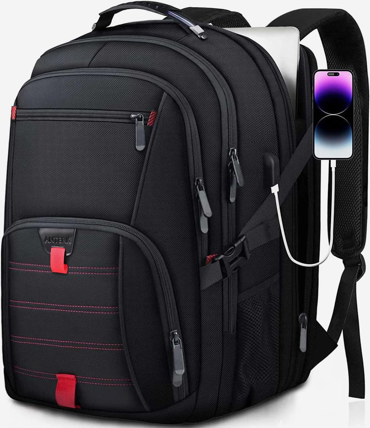 Extra Large Travel Laptop Backpack, 17.3 Inch Carry on Backpack for Men Women with USB Port, 50L Anti Theft Water Resistant College Bussiness TSA Airline Approved Work Computer Backpack, Black
