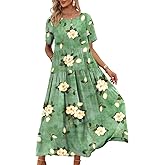 YESNO Women Casual Loose Bohemian Floral Dress with Pockets Short Sleeve Long Maxi Summer Beach Swing Dress EJF