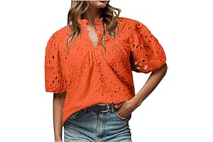 WAJCSHFS Womens Summer Tops Dressy Casual Loose Fit Blouses V Neck Buttons Hollow Out Lace Embroidered Shirts