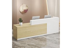 PLMOKN Wood Reception Desk Marble Stone with Checkout Retail Counter L Shaped Modern Mostrador para Negocio Office Desk Closed Front with Storage Drawers for Barber,Salon,Clothing Store