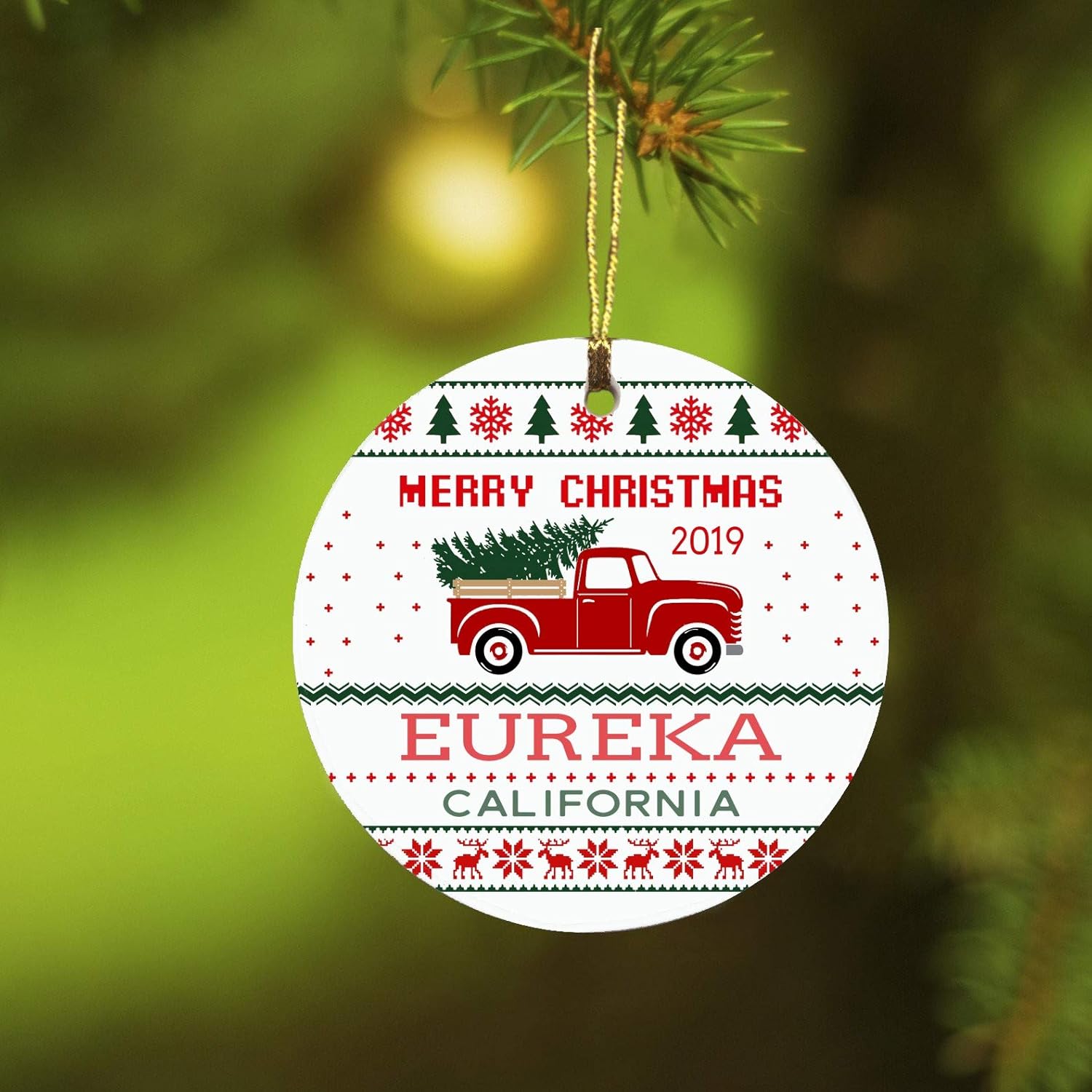 Christmas Tree Ornament Decorations Merry Christmas 2019 Eureka California Ugly Holiday Party Xmas Ornament Decoration Family Gifts Rustic Unique Home Sweet Home Ceramic 3"