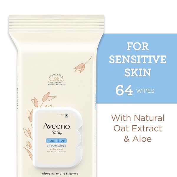 AVEENO BABY SENSITIVE ALL OVER WIPES WITH ALOE & NATURAL OAT EXTRACT FOR FACE, BOTTOM, HANDS & BODY, PH-BALANCED, HYPOALLERGENIC, FRAGRANCE-, PHENOXYETHANOL- & ALCOHOL-FREE, 64 CT PER PACK