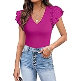 DOROSE Womens Summer Tops Sexy V Neck Casual Ruffle Short Sleeve Shirts Blouses