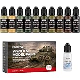 Nicpro 10 Colors WWII U.S. Model Paint Set, 20ml Ready to Use | Modeling Acrylic Paints, Brush &amp; Airbrush, Miniature Paint for American Armour, Tank, Vehicles &amp; Infantry Figure with Thinner