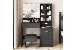 Vabches Black Vanity Desk with Mirror and Lights, Makeup Vanity Table with Charging Station, 3 Lighting Modes Brightness Adjustable, 4 Drawers, 8 Shelves, Vanity Set, 38.7in(L)