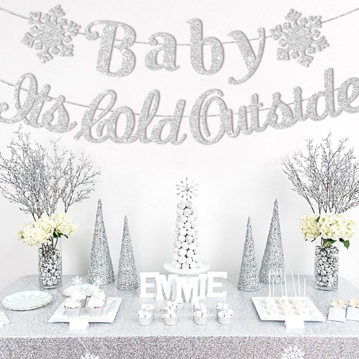 Kreatwow Baby It's Cold Outside Decorations Banner for Boy Girl Winter Gender Reveal Winter Onederland Baby Shower Decorations Snowflake Garland Glitter Silver