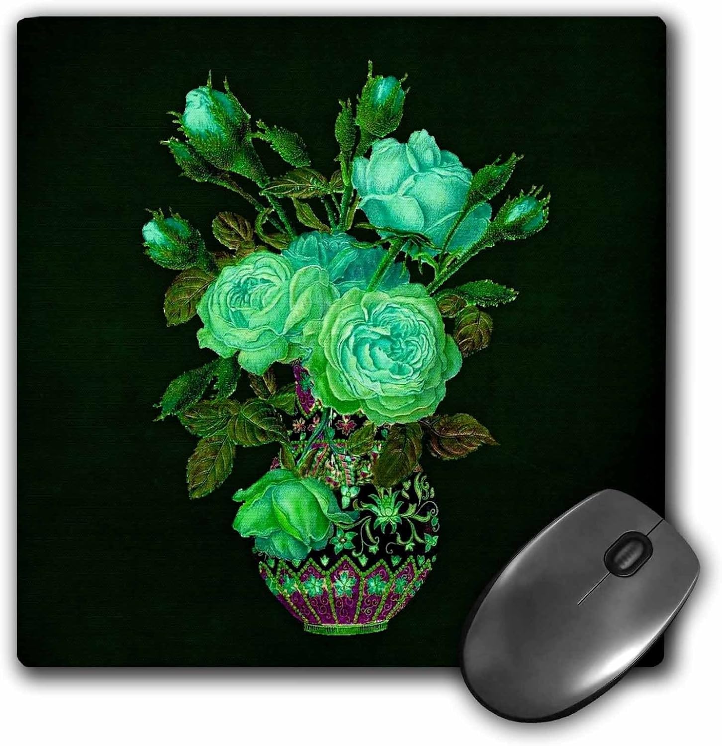 3dRose mp_54007_1 8 x 8 Light Green Rose Bouquet with Green Leaves in a Vintage vase on a Dark Green Textured Background Mouse Pad