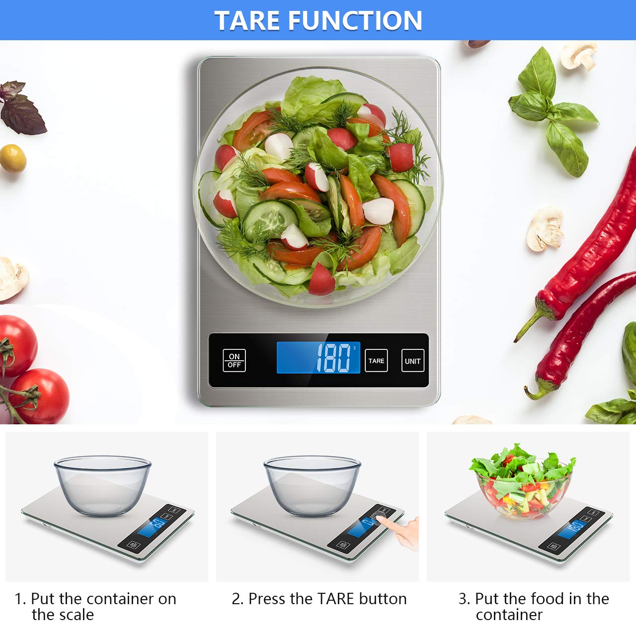 Nicewell Food Scale, 22lb Digital Kitchen Scale Weight Grams and oz for Cooking Baking, 1g/0.1oz Precise Graduation, Stainless Steel and Tempered Glass: Industrial & Scientific