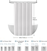 Shower Curtain 152x182cm White with Metal Hooks Heavy Duty view 6