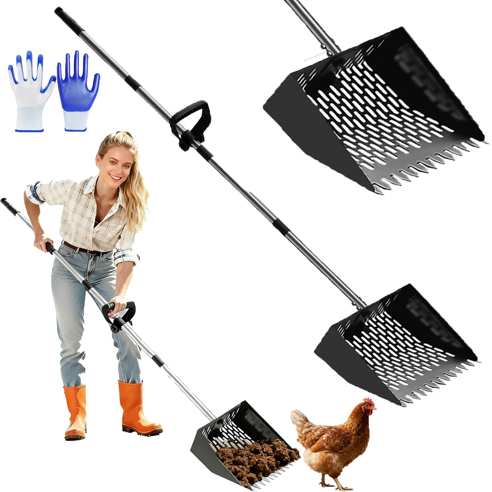 Photo 1 of 2-in-1 Chicken Poop Scooper & Rake - 10-Inch Large Stainless Steel Shovel Head, Adjustable Handle (37-65in) with Sifting, Ergonomic Grip for Chicken Coop, Animal Farm & Pet Waste Removal