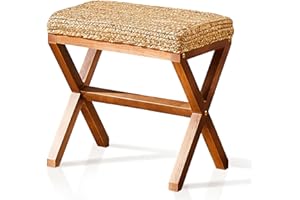 Cpintltr Patio Ottoman Hand-woven Seagrass Footrest Stool Rectangular Outdoor Footstool with X-shape Legs Mutifunctional Boho Seat Pouf Ottomans for Living Room Garden Lawn Natural