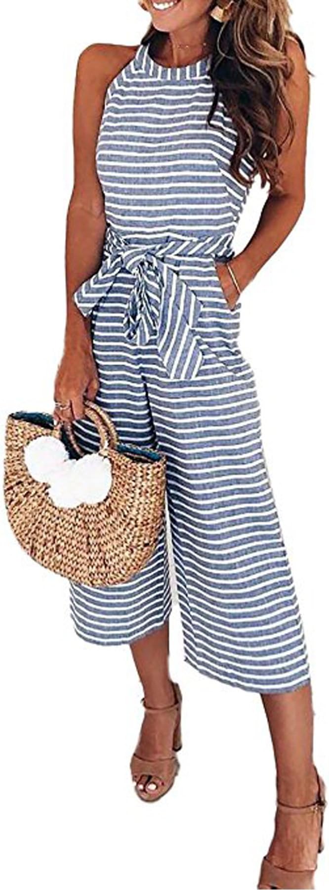 Women Striped Waist Belted Wide Leg Jumpsuit