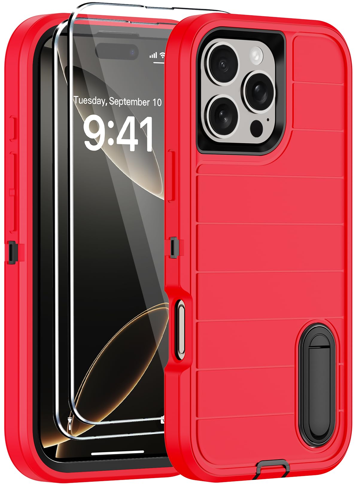 for iPhone 16 Pro Max Case with Screen Protector,Built-in Invisible Kickstand,Heavy Duty Shockproof Drop Protection Military Grade Tri-Layer Rugged Cell Phone Cover for Apple 16 Pro Max 6.9" (Red)