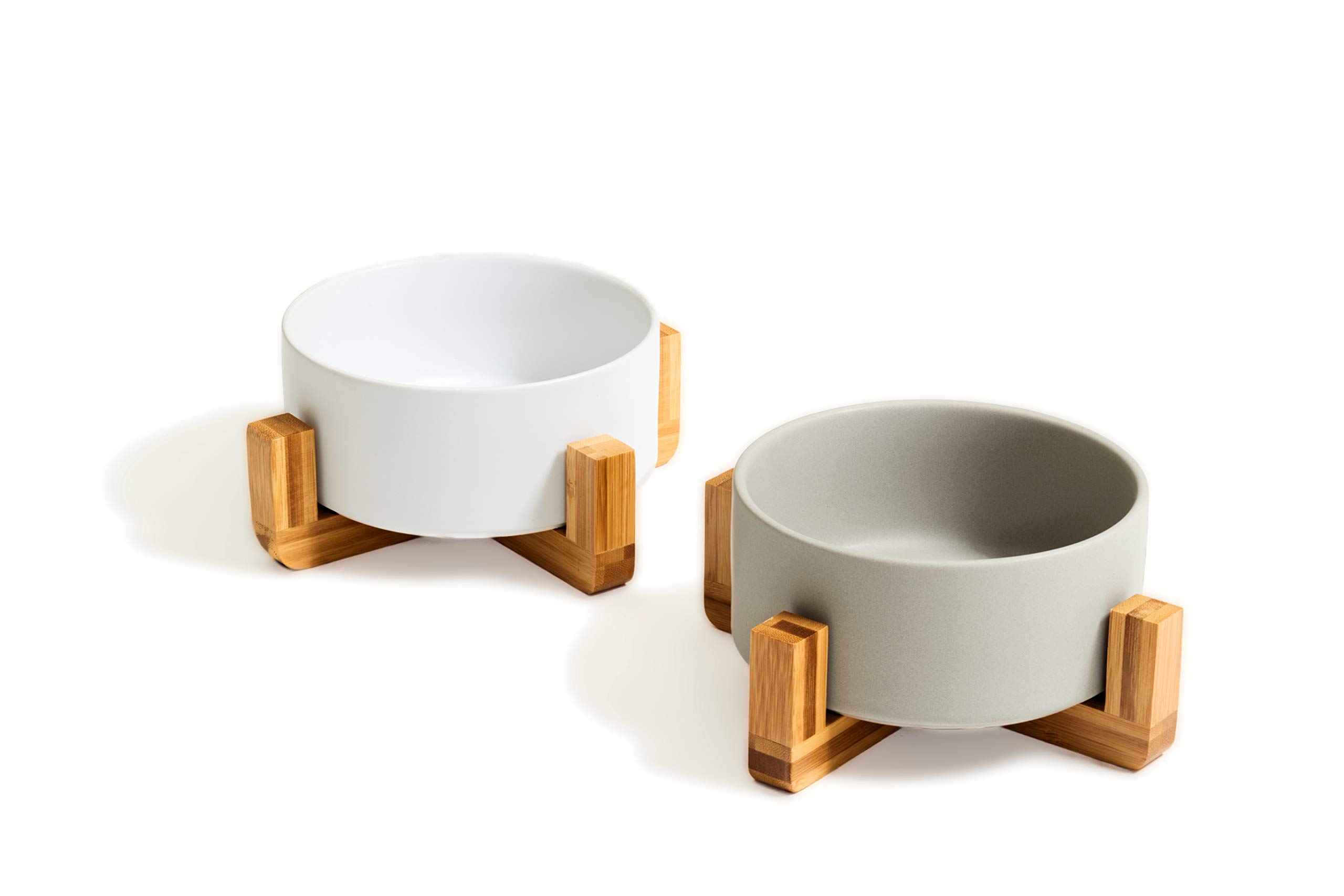 PiuPet® Bowls for Dogs & Cats - 850ml Ceramic Set of 2 with Stand - Dishwasher Safe - Grey & White