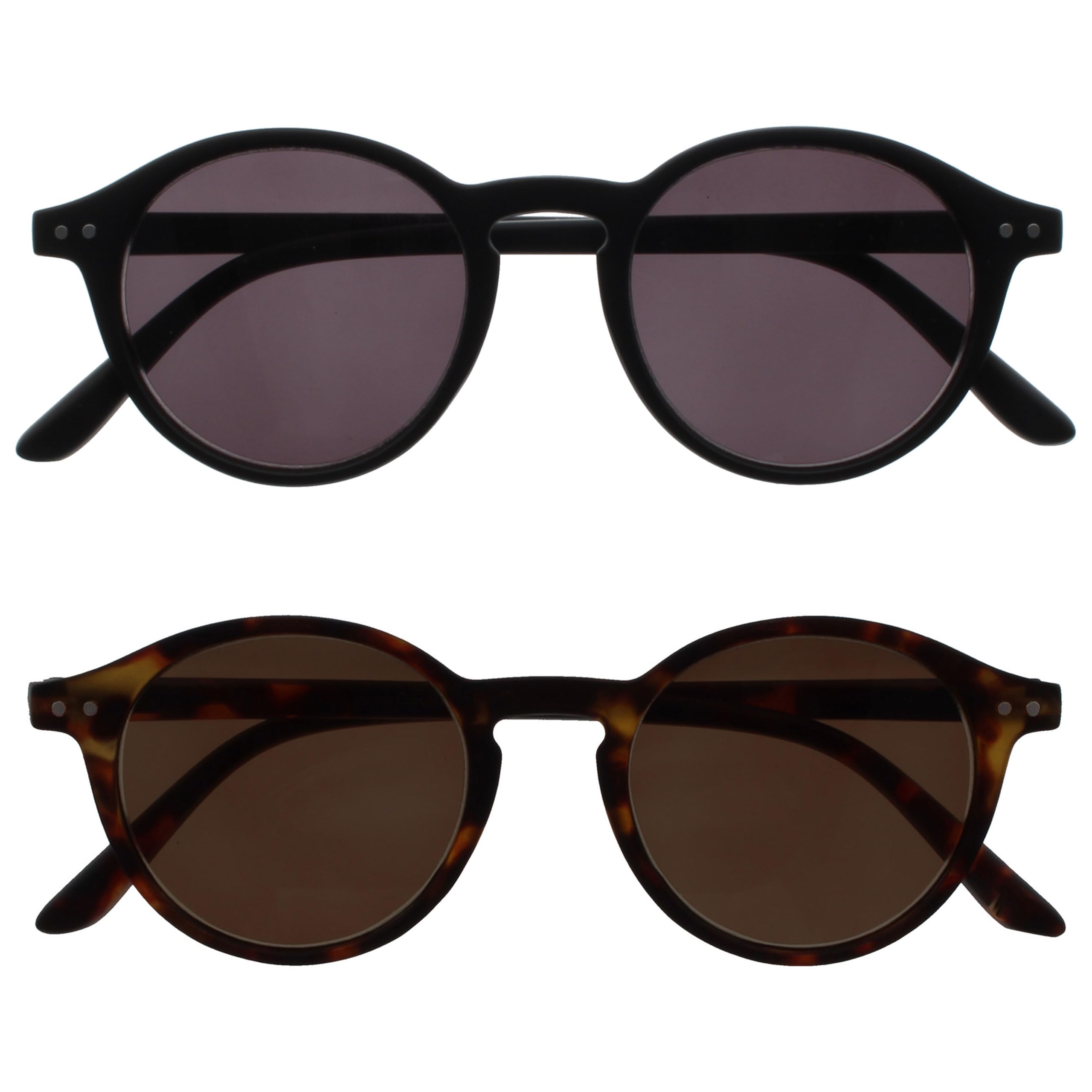 OPULIZE REY Reading Sunglasses - 2-Pack - Retro Round Frame - Matt Black, Brown Tortoiseshell - Mens Womens - Spring Hinges - SS56-12 - +3.50