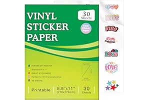 AEVDOR 30 Sheets Printable Clear Sticker Paper for Inkjet Printer, Premium Vinyl Transparent Sticker Paper Waterproof, Dries Quickly, Vivid Colors, Tear Resistant, 8.5x11" Labels Great for Cutting Machines