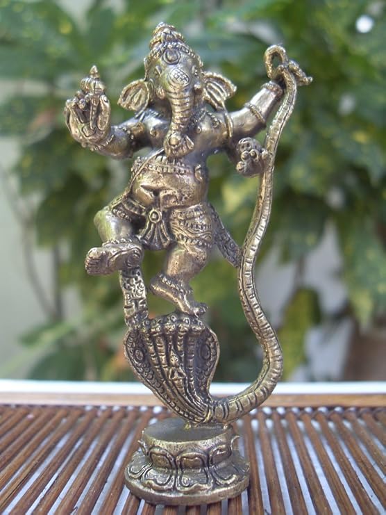 Lord Ganesha Dancing over 5headed Naga Serpent Cobra Brass statue