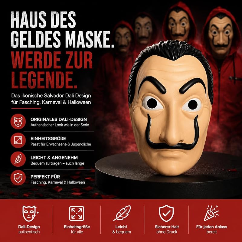 Haus des Geldes Maske - Einheitsgröße - Salvador Dali - Kostüm für Fasching, Karneval, Halloween — Foto 2 von 8