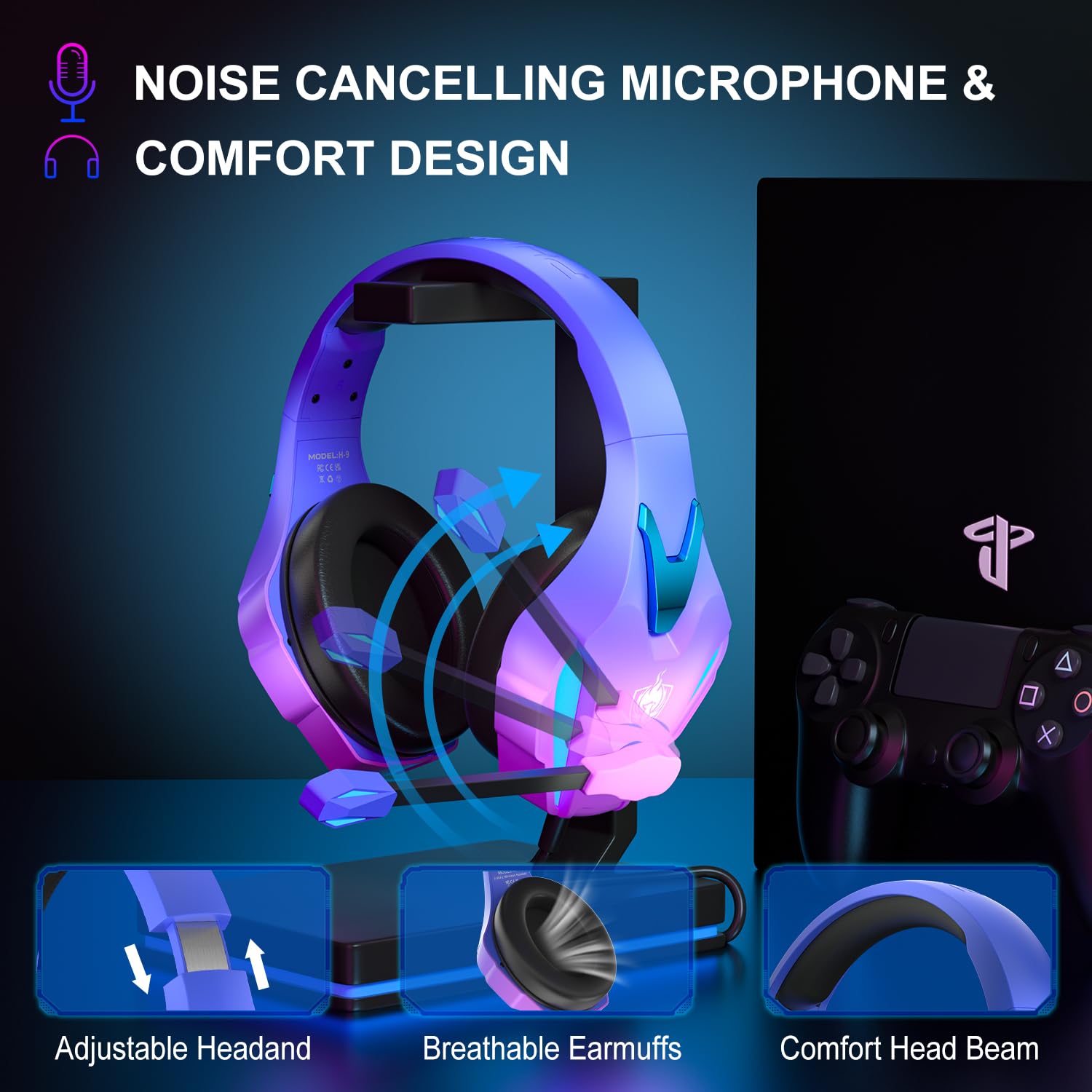 PHOINIKAS PS4 Gaming Headset for PC, Switch, PS5 Headset with 7.1 Stereo Sound, Gaming Headphones with Noise Cancelling Mic, LED Light, Over Ear Headset for Laptop, Mobile (Violet)