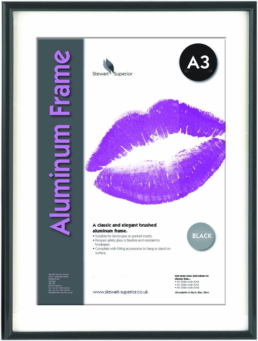 Stewart Superior A3 Brushed Aluminium Picture Frame with Perspex Safety Glass - Black