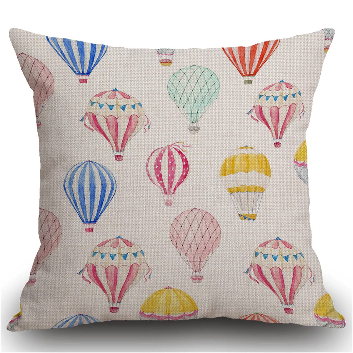 Smooffly Balloon Cushion Cover 18 x 18 Inch Cute Watercolor Hot Air Balloons Pattern Decorative Throw Pillow Cover Cotton Linen Square Pillowcase for Sofa Couch Car Bedroom Home Décor, 45cm x 45cm