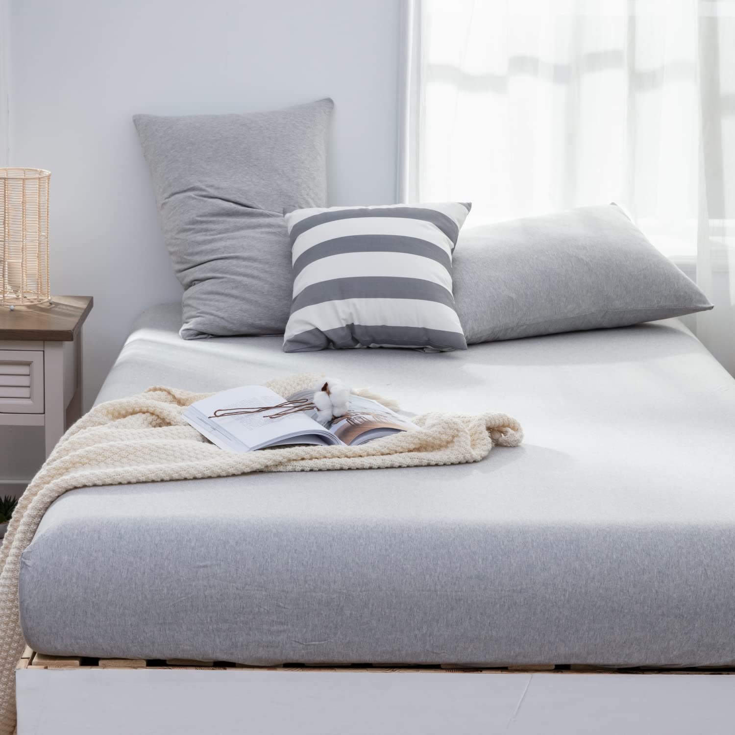 Photo 1 of LIFETOWN 100% Jersey Knit Cotton Sheet, Extra Deep Pocket, 1 Fitted Sheet with 2 Pillowcases, Wrinkle-Free Ultra Soft (Heathered Light Grey, Queen)