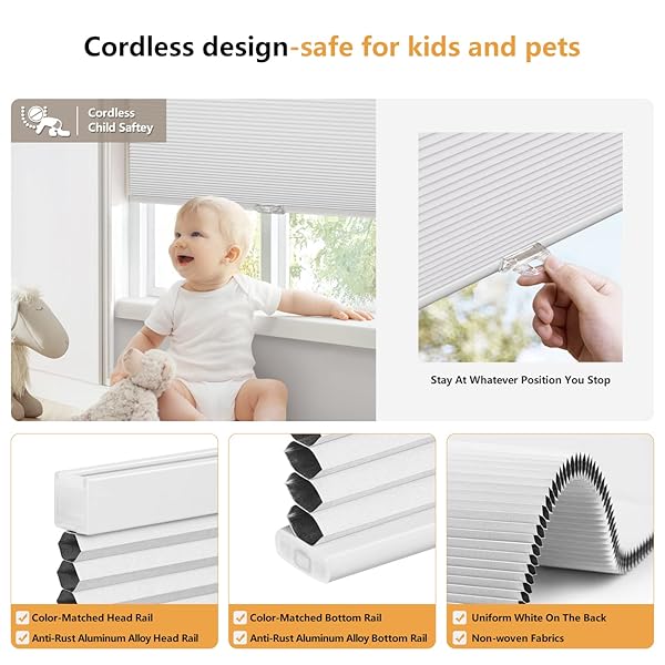 LAZBLINDS CORDLESS CELLULAR SHADES, BLACKOUT PRIVACY HONEYCOMB SHADES FOR HOME, THERMAL INSULATION NOISE REDUCTION BLINDS FOR WINDOWS, 26” W X 64” H, WHITE