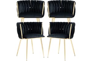Nrizc Woven Dining Chairs Set of 4, Velvet Upholstered Dining Chairs with Gold Metal Legs, Modern Accent Chairs for Living Room, Dining Room, Kitchen (Black)