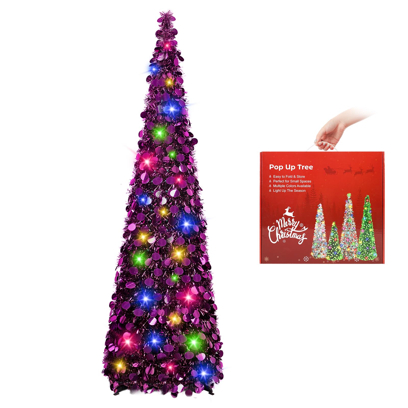 N&T NIETING Christmas Tree, 5ft Collapsible Pop Up Christmas Trees Purple Tinsel Coastal Christmas Tree for Holiday Xmas Decorations, Home Display, Office Decor