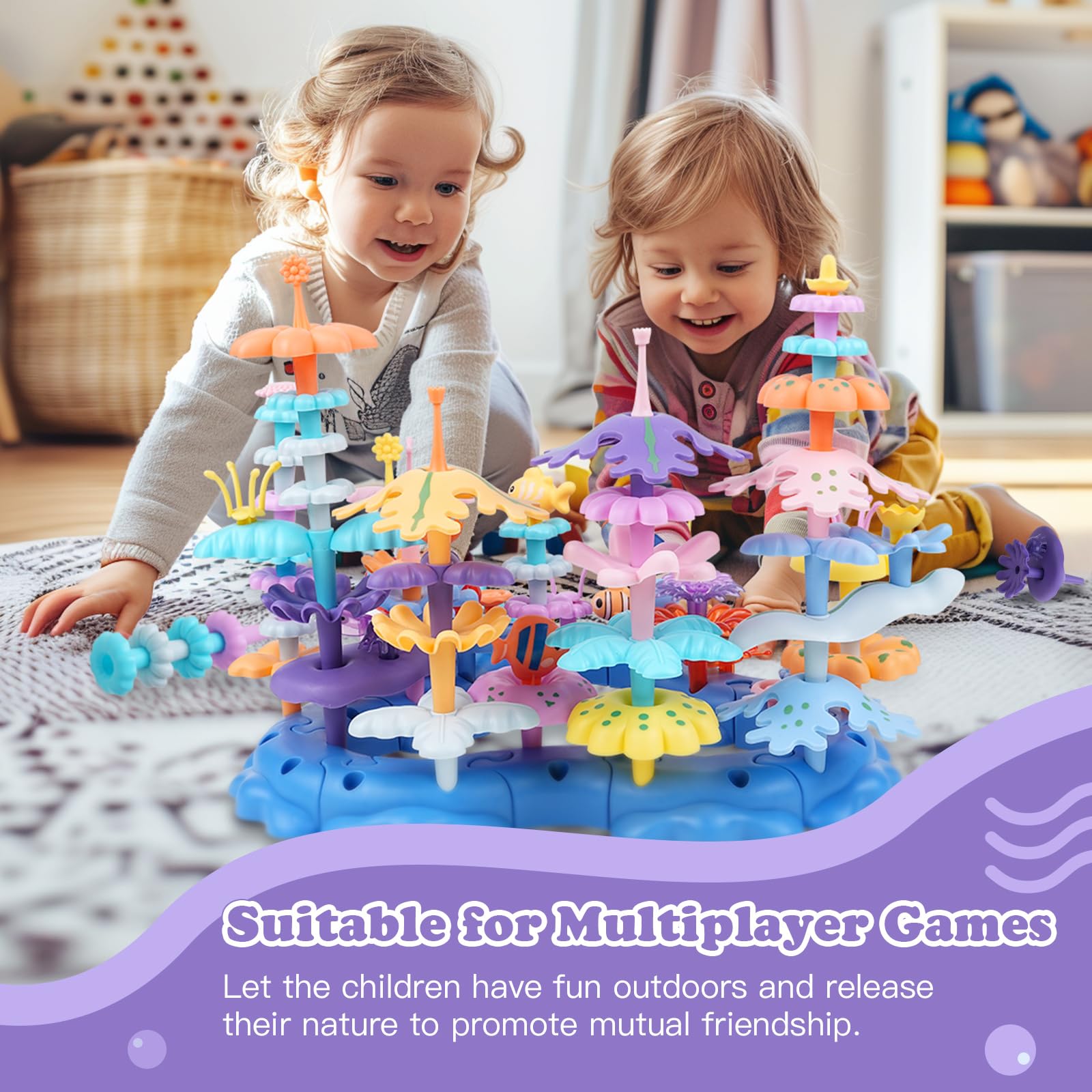 Wulumu 96PCS Ocean Adventures DIY Building Stacking Toys Set,Educational STEM Toy Gift for Kids with Organiser Box,Fun Cognitive Learning Toys for Girls/Boys,Toddler Beach Toy