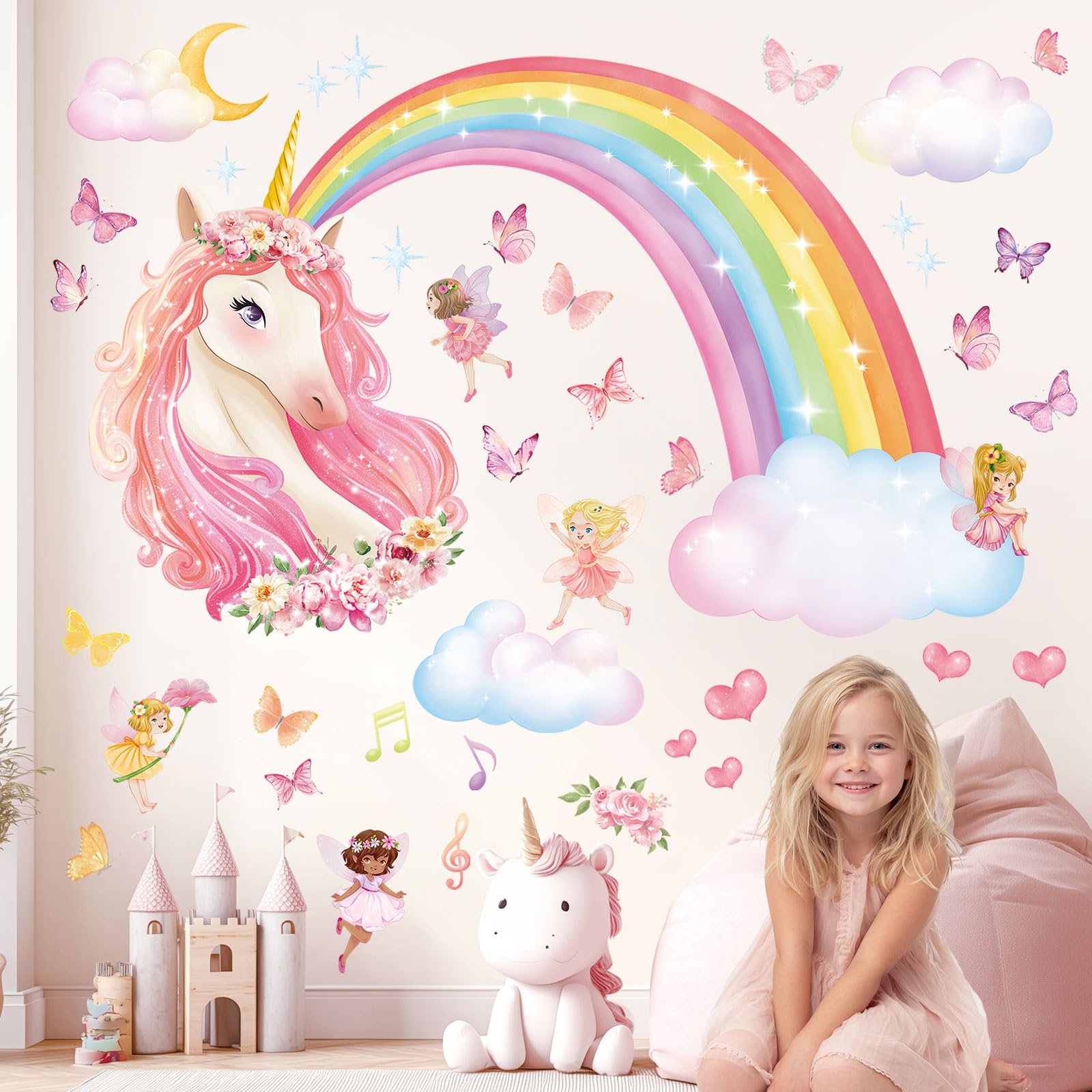 DECOWALL SG2-2321 Rainbow Wall Decals Unicorn Rainbow Butterflies Clouds Wall Stickers Baby Nursery Girls Bedroom Living Room Wall Décor