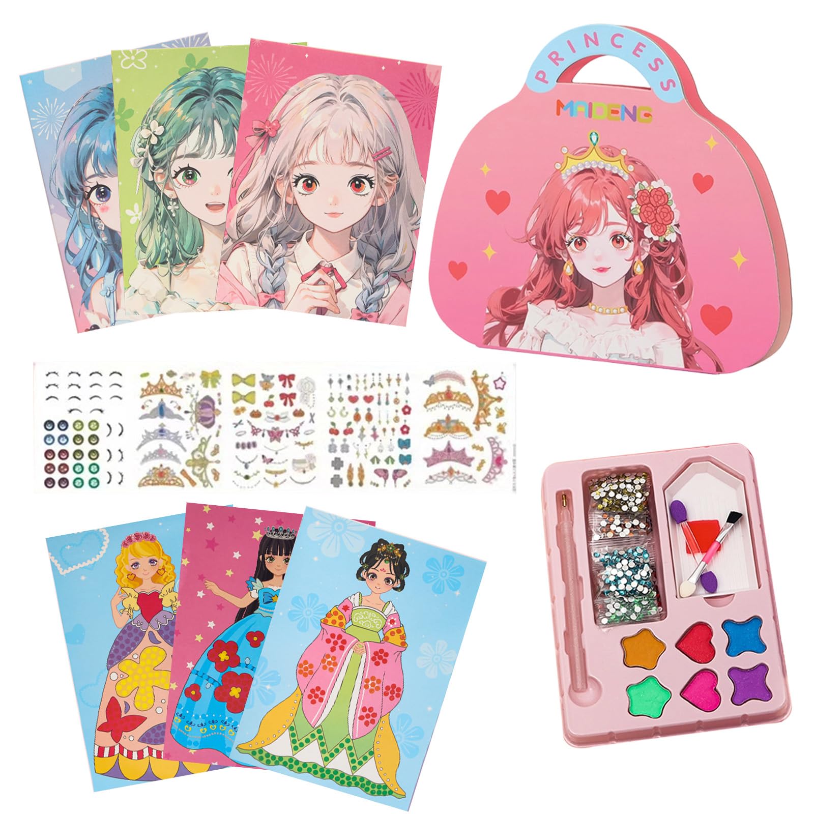 Gkhlg 1 Pack 3 in 1 Princess Paper Makeup Craft Kit Girls Toys with Diamond Art Dress-Up Stickers Kids Arts and Crafts Creative Set Princess Toys for 3-8 Year Old Girls Perfect Gifts for Birthday