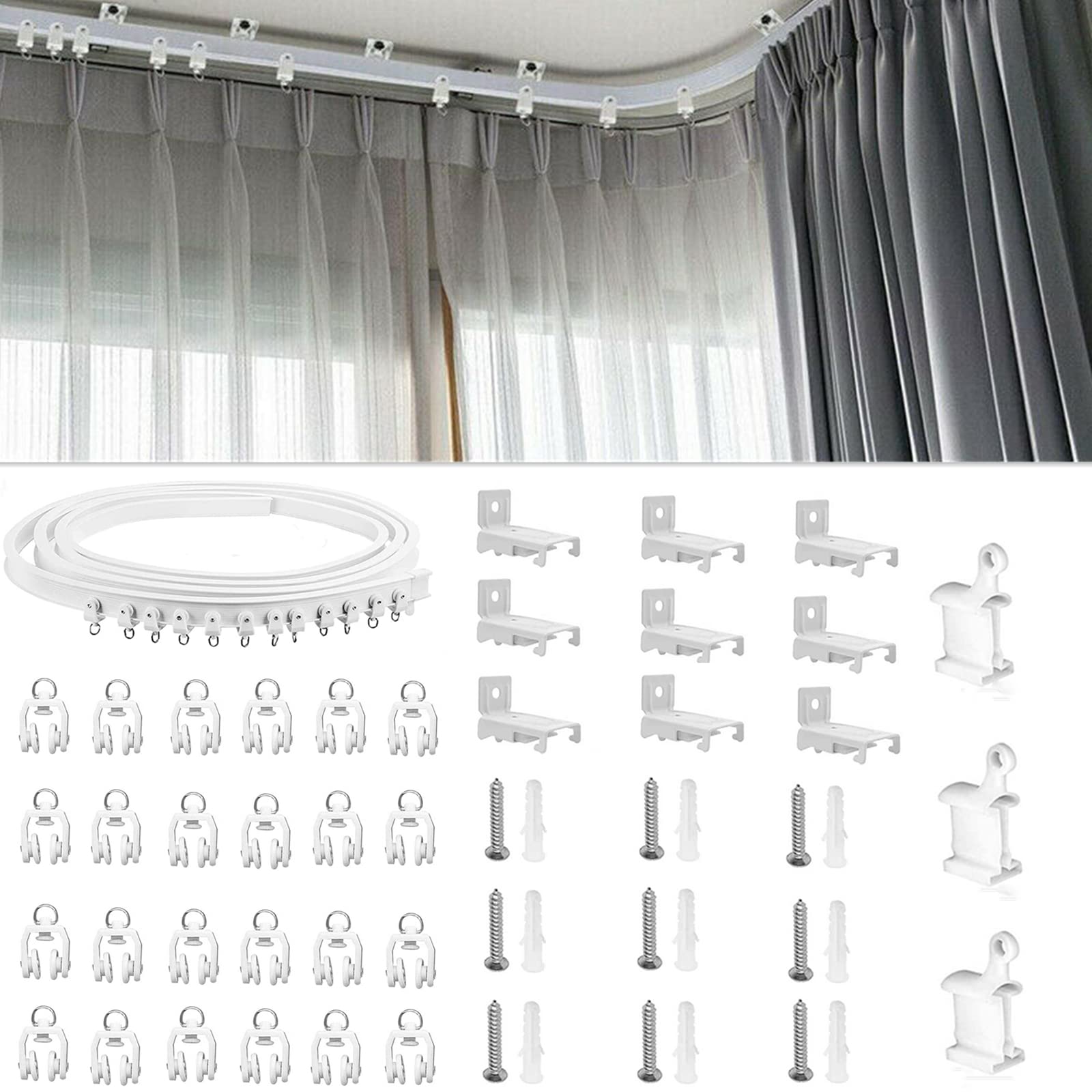 TOPWA 3 Meter Flexible Plastic PVC Curtain Track Runner Rail Wall Ceiling Mounted Fixing Hooks Shower Curtains Room Divider with Instruction Mounting Accessories Include White (Side clamping)