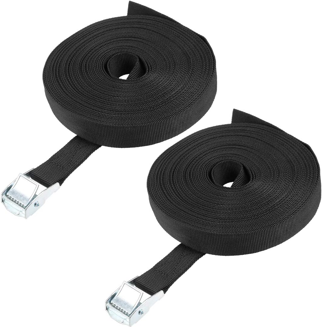 sourcing map Tie Down Strap Cam Buckle Lashing Strap 1" x 39Ft 176lb 80Kg Load Polypropylene for Moving Securing Cargo Black, Pack of 2