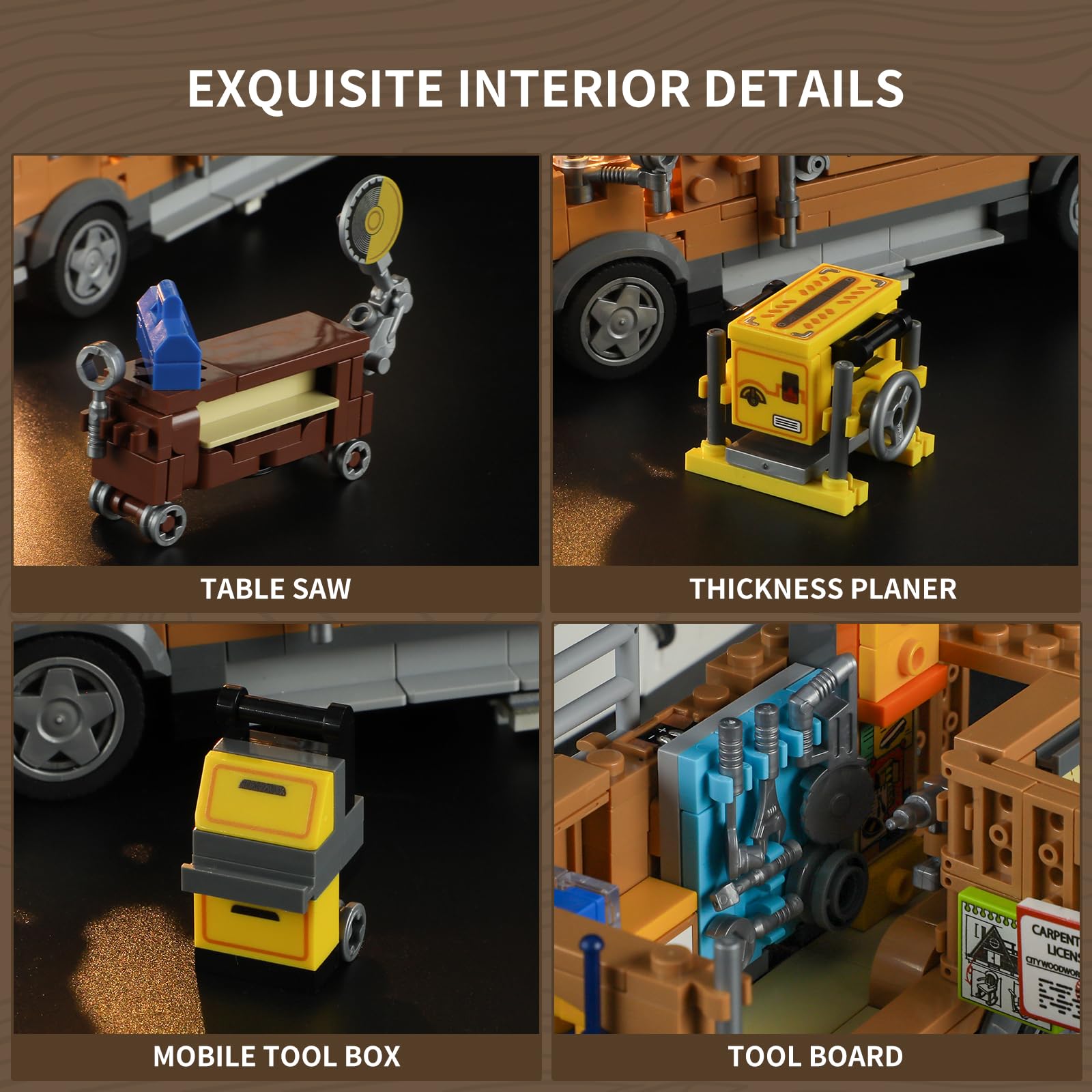 FUNWHOLE Schreinerwagen Beleuchtung Baukasten - Bauernholzarbeiter Technik Auto Sammlerstück Display Set 496 Teile für Erwachsene und Teenager 4