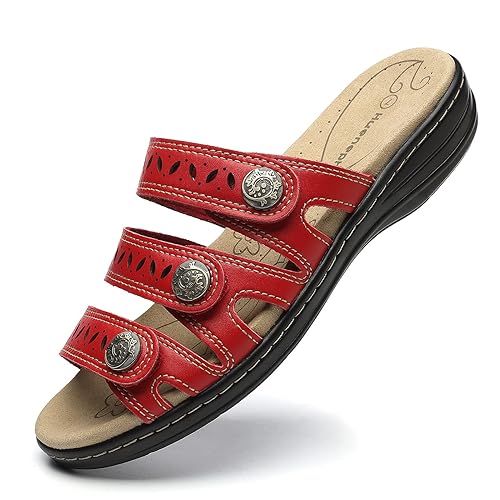 Hueneph Women's Comfort Red Leather Slides Lightweight Flat