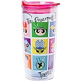 Silver Buffalo The Powerpuff Girls Featuring Blossom, Bubbles, Buttercup, Professor, Mojo Jojo, and Blisstina, Double Wall Travel Tumbler with Slide Close Lid, 20 Ounces