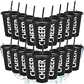 Domensi 20 Pcs Cheer Cup Gift Bulk for Team 16 oz Plastic Ballet Dance Party Reusable Tumbler Cup with Lid Straw for Cheerleader Team Gift Dancer Gifts for Girls(Cheer, Black)